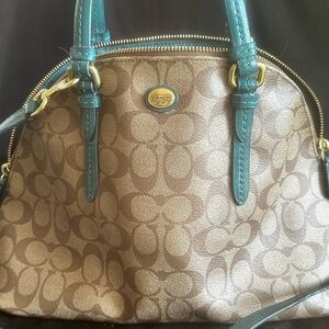 Coach Brown Signature Dome Satchel with Teal Handles